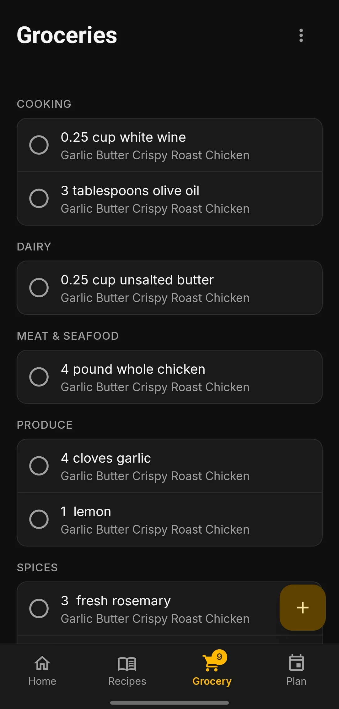 The Groceries screen, with items grouped under Breakfast, Dairy, Meat and Seafood, and Produce