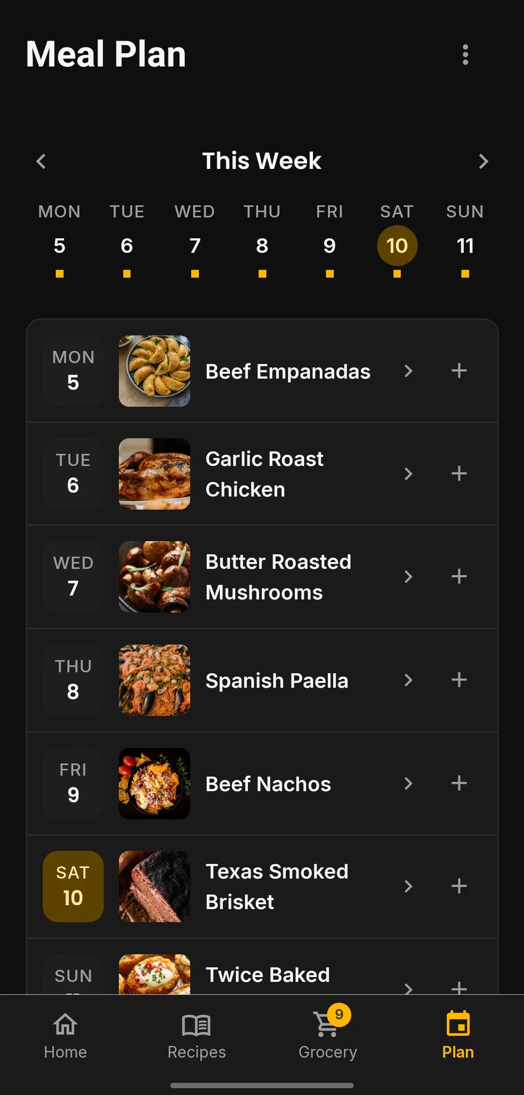 The Meal Plan screen, with a recipe assigned to each day from Monday to Saturday