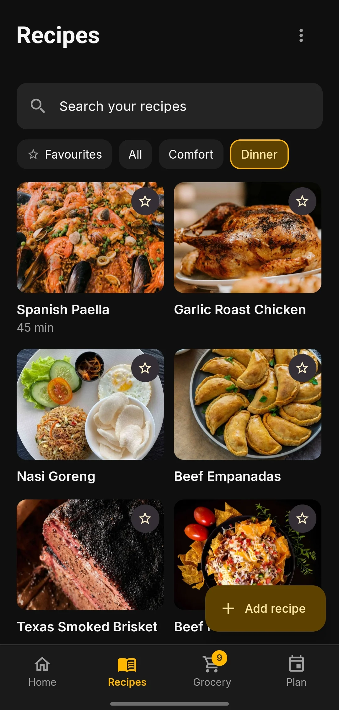The Recipes screen in MyRecipePal, showing a grid of saved recipes with photos